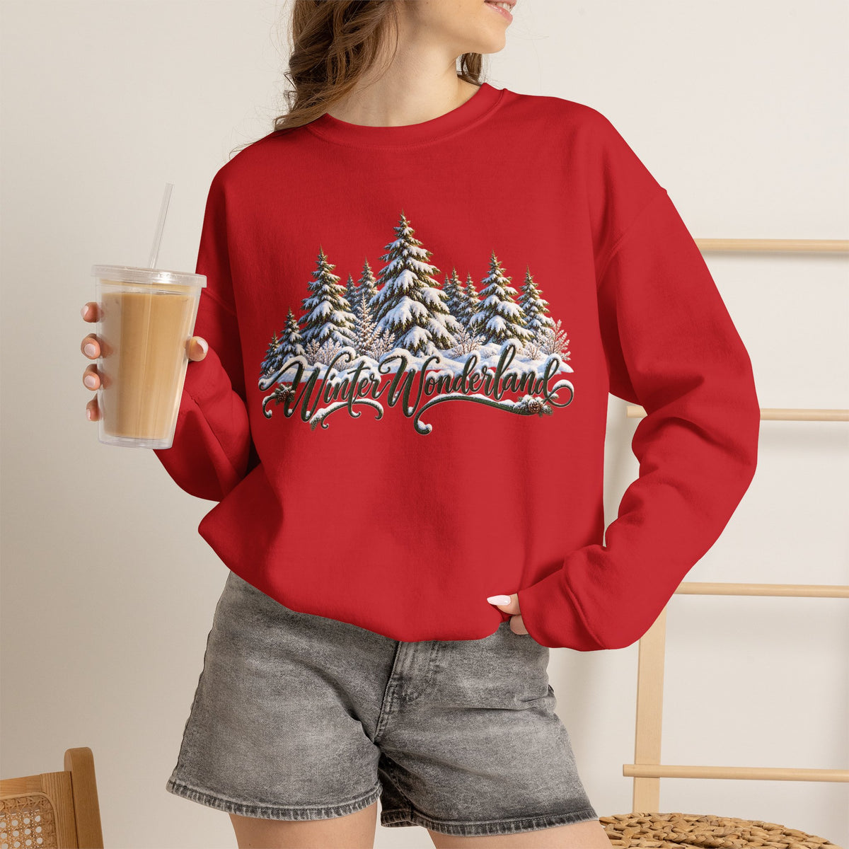Winter Wonderland Crewneck Sweatshirt — Snowy Pine Trees Holiday Pullover