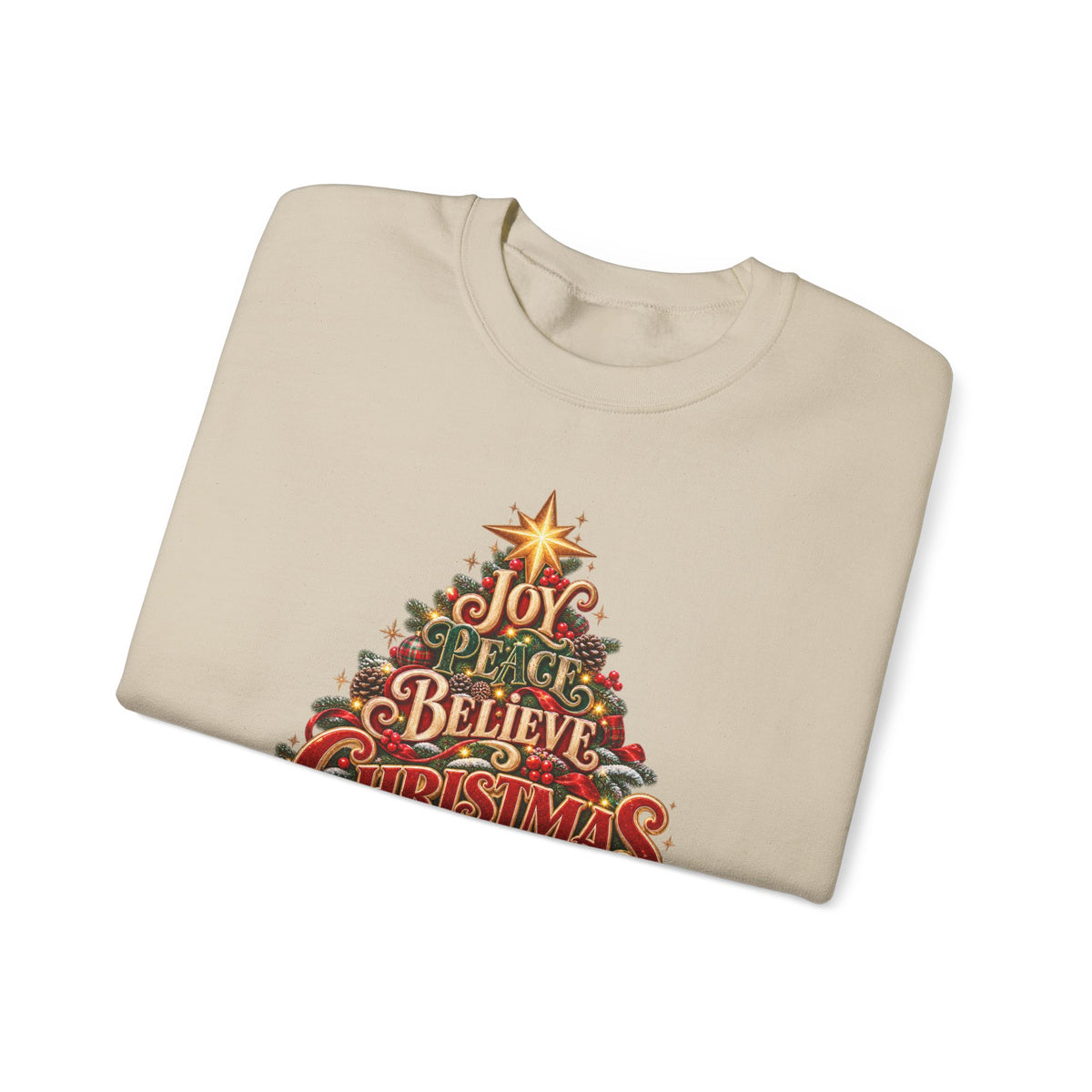 Christmas Tree Typography Sweatshirt — "Joy, Believe, Christmas, Memories" Holiday Crewneck