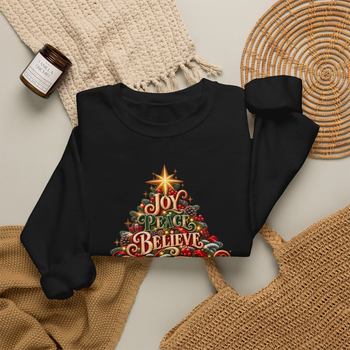 Christmas Tree Typography Sweatshirt — "Joy, Believe, Christmas, Memories" Holiday Crewneck