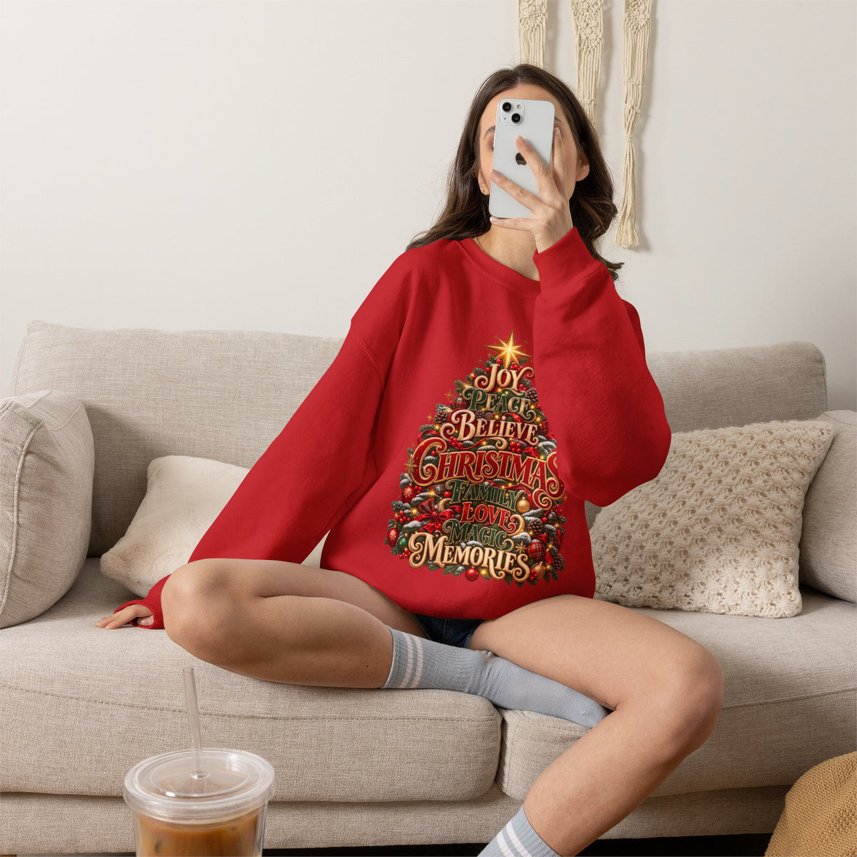 Christmas Tree Typography Sweatshirt — "Joy, Believe, Christmas, Memories" Holiday Crewneck
