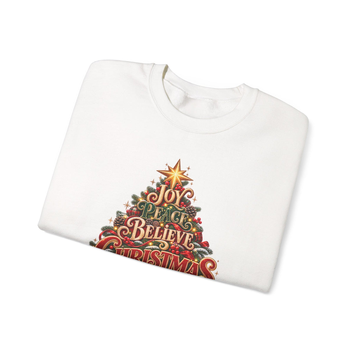 Christmas Tree Typography Sweatshirt — "Joy, Believe, Christmas, Memories" Holiday Crewneck