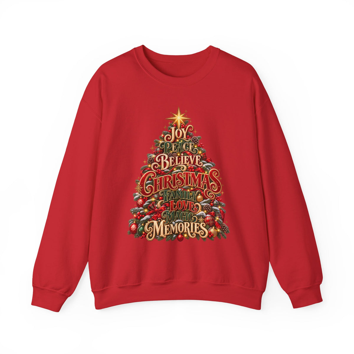 Christmas Tree Typography Sweatshirt — "Joy, Believe, Christmas, Memories" Holiday Crewneck