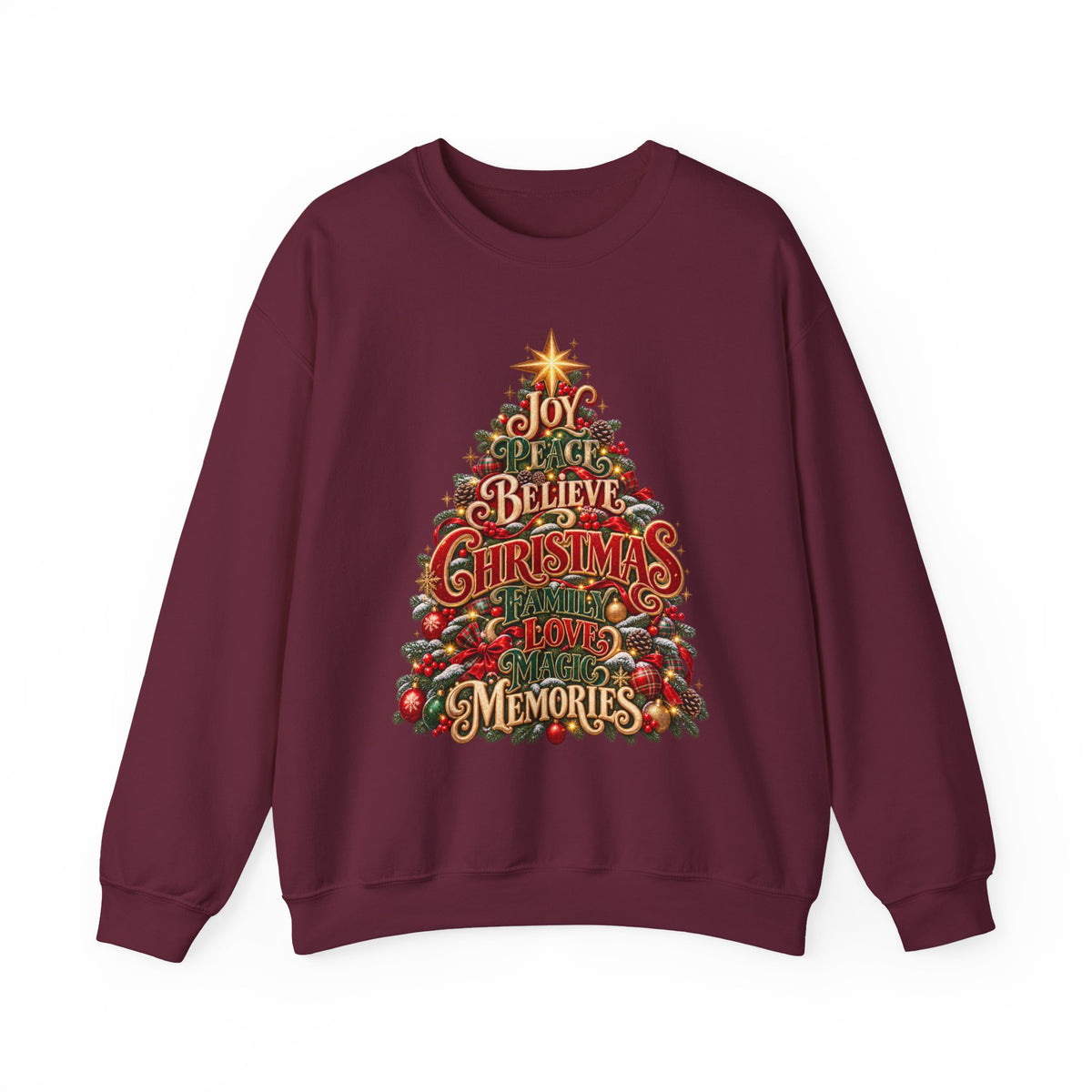Christmas Tree Typography Sweatshirt — "Joy, Believe, Christmas, Memories" Holiday Crewneck