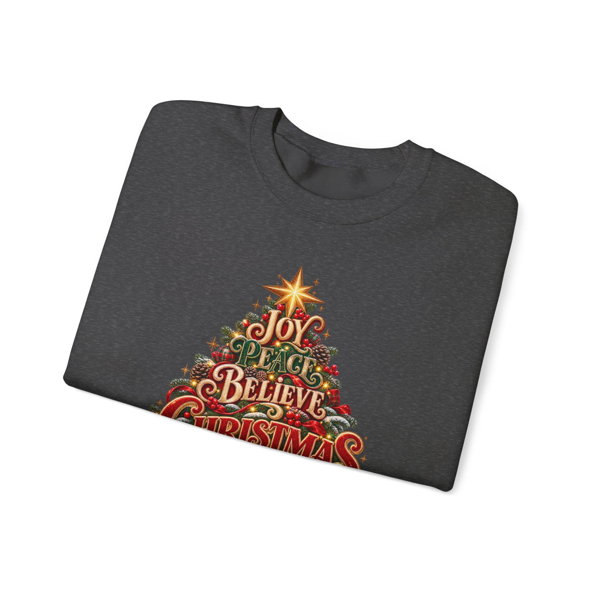Christmas Tree Typography Sweatshirt — "Joy, Believe, Christmas, Memories" Holiday Crewneck