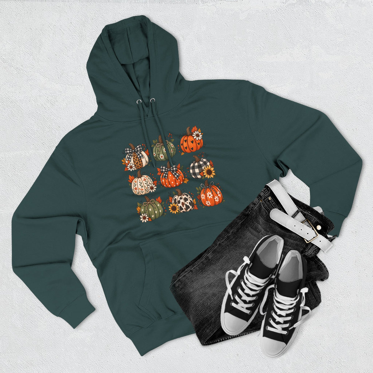 Pumpkin Patch Panel Hoodie — Fall Plaid & Floral Pumpkin Design