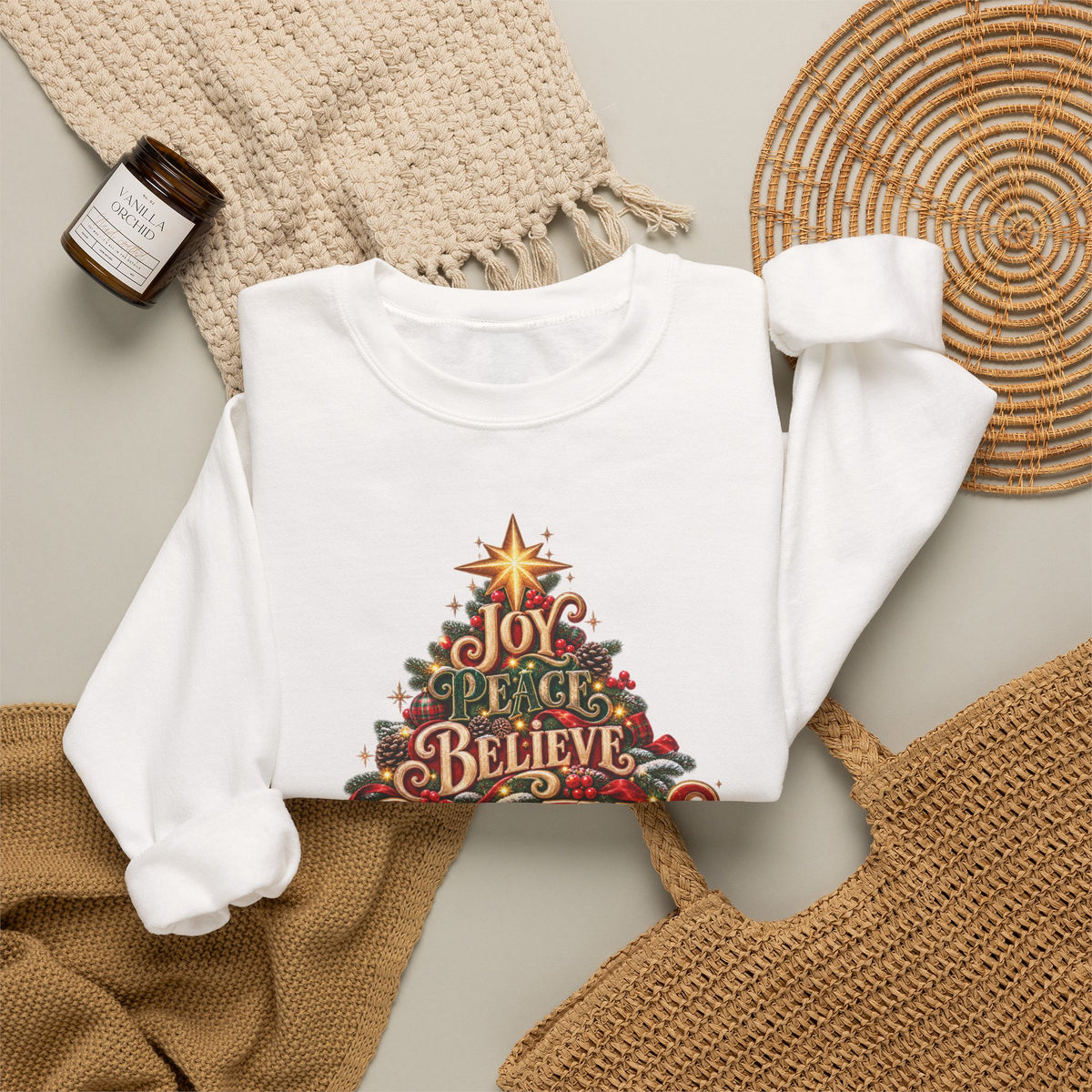 Christmas Tree Typography Sweatshirt — "Joy, Believe, Christmas, Memories" Holiday Crewneck