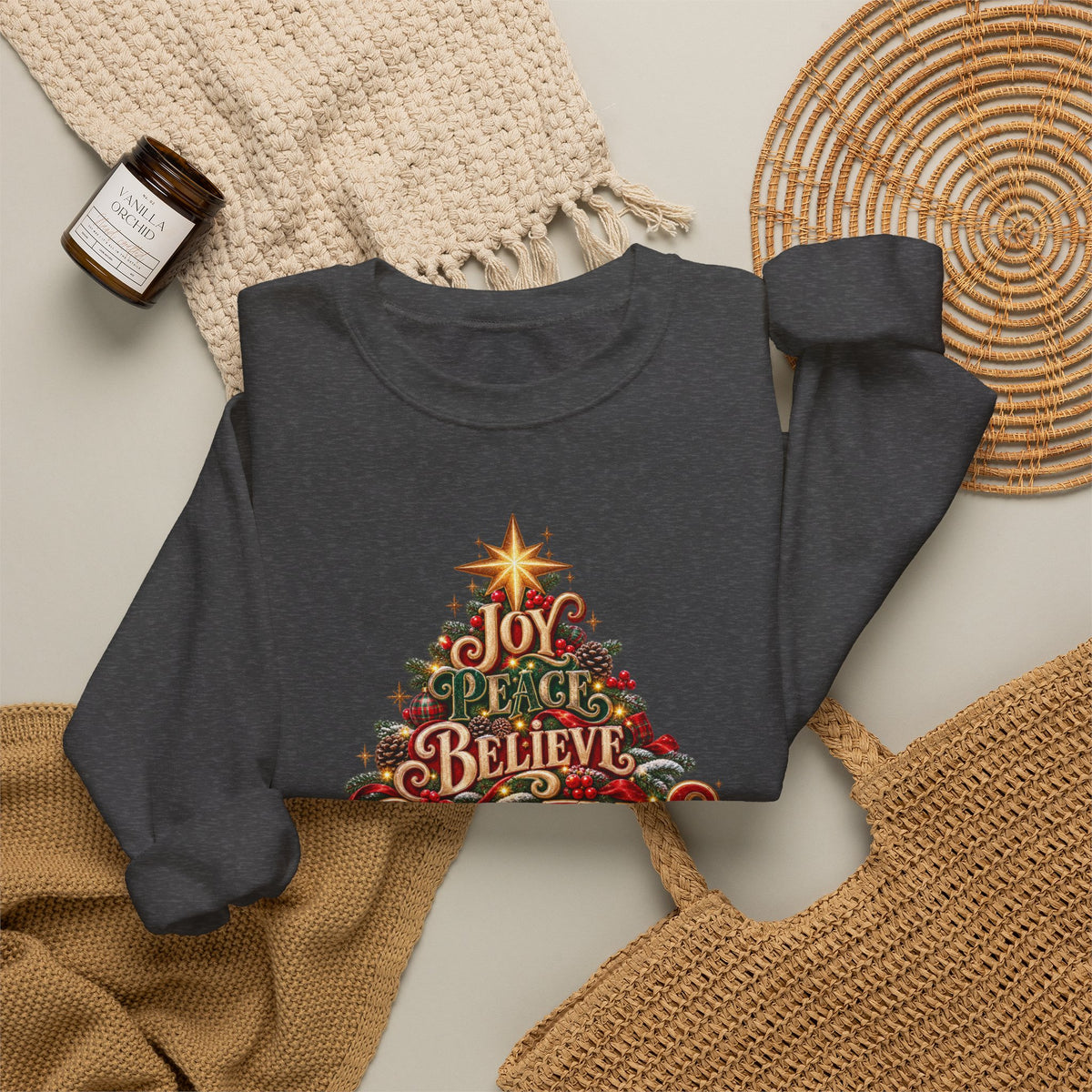 Christmas Tree Typography Sweatshirt — "Joy, Believe, Christmas, Memories" Holiday Crewneck