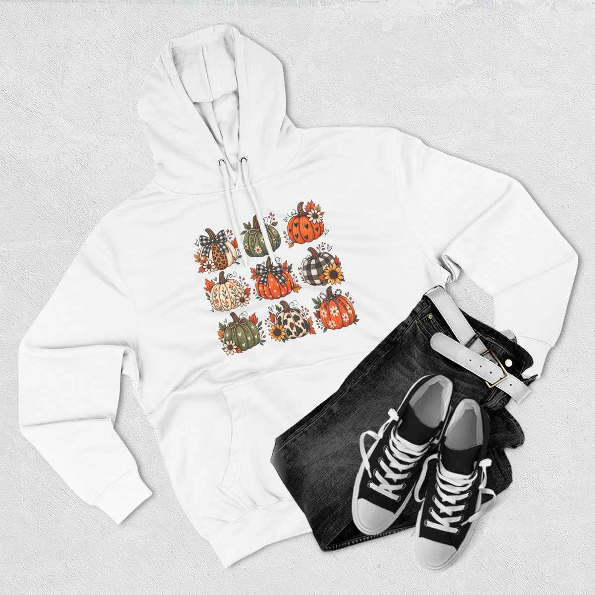 Pumpkin Patch Panel Hoodie — Fall Plaid & Floral Pumpkin Design