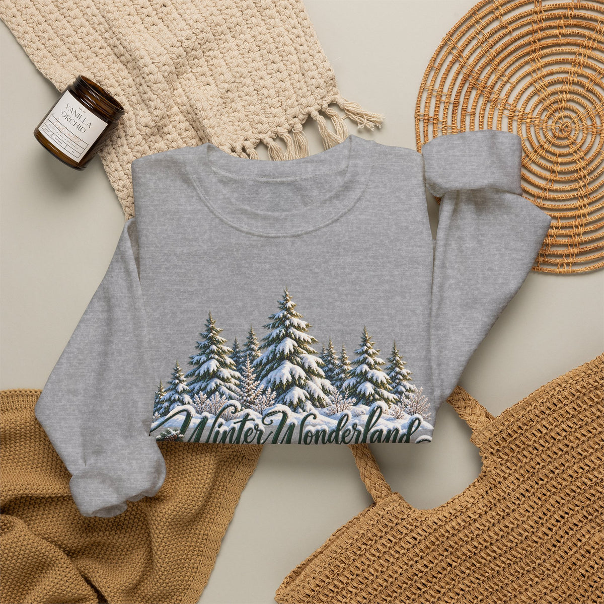 Winter Wonderland Crewneck Sweatshirt — Snowy Pine Trees Holiday Pullover