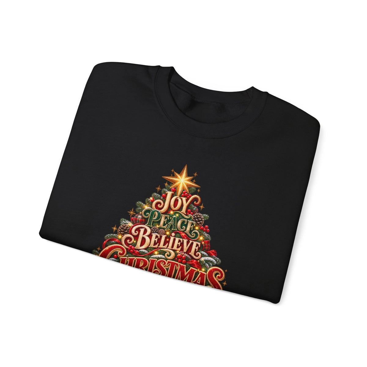 Christmas Tree Typography Sweatshirt — "Joy, Believe, Christmas, Memories" Holiday Crewneck
