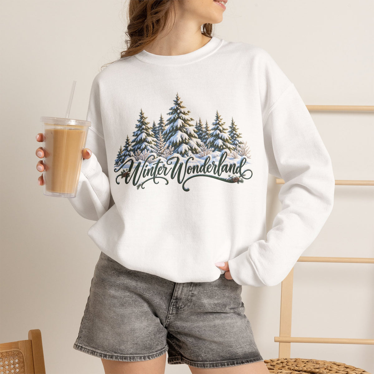 Winter Wonderland Crewneck Sweatshirt — Snowy Pine Trees Holiday Pullover