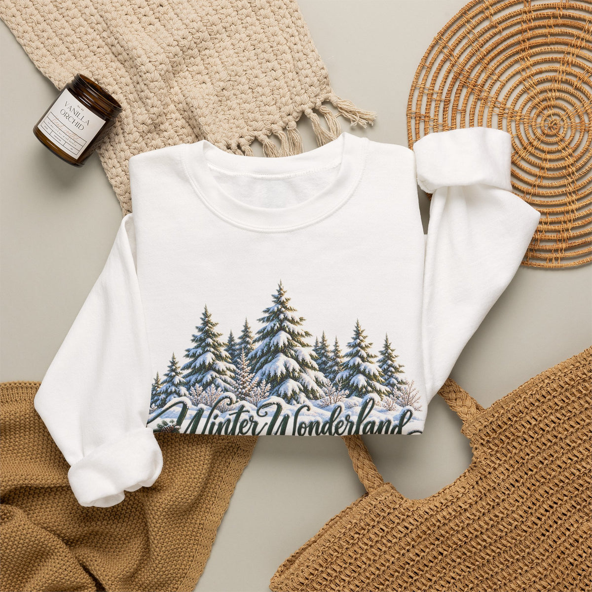 Winter Wonderland Crewneck Sweatshirt — Snowy Pine Trees Holiday Pullover