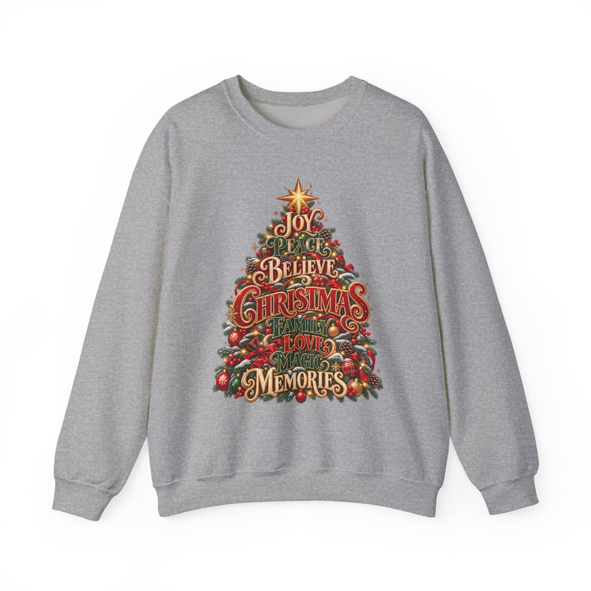 Christmas Tree Typography Sweatshirt — "Joy, Believe, Christmas, Memories" Holiday Crewneck