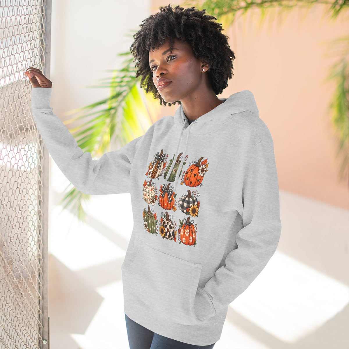 Pumpkin Patch Panel Hoodie — Fall Plaid & Floral Pumpkin Design