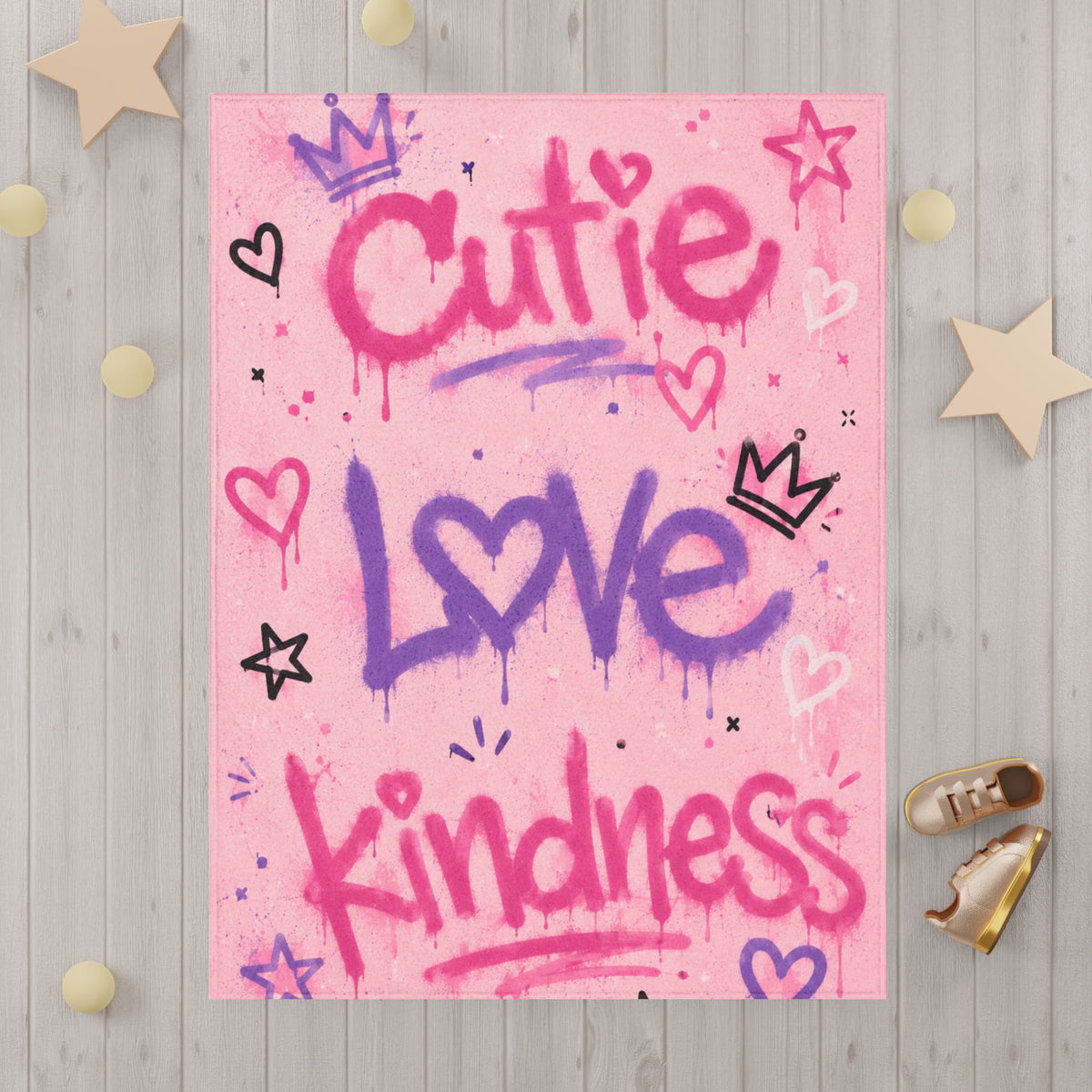 Toddler Blanket – Pink 'Cutie Love Kindness' Graffiti Plush Throw