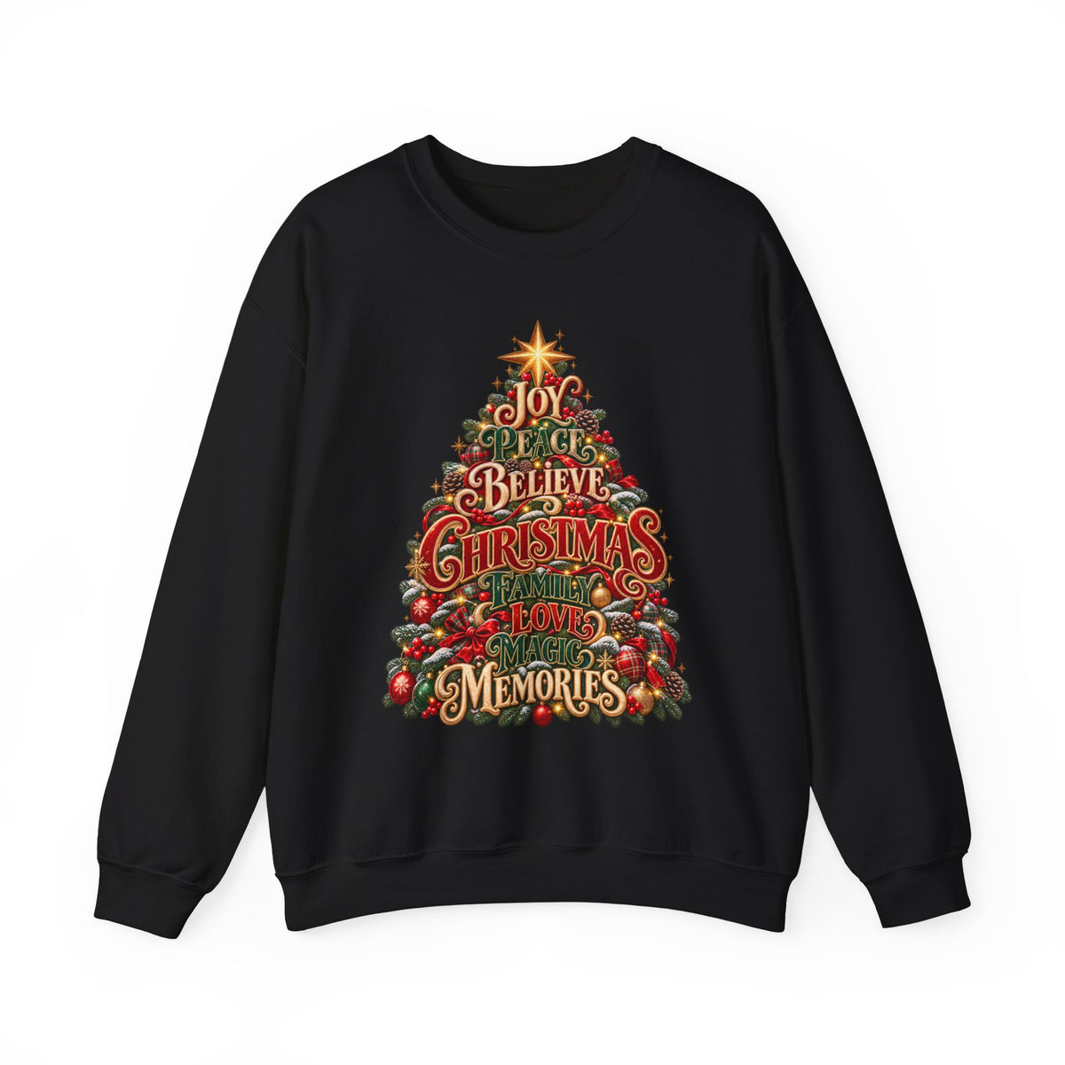 Christmas Tree Typography Sweatshirt — "Joy, Believe, Christmas, Memories" Holiday Crewneck