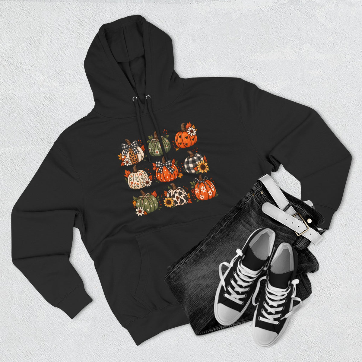 Pumpkin Patch Panel Hoodie — Fall Plaid & Floral Pumpkin Design