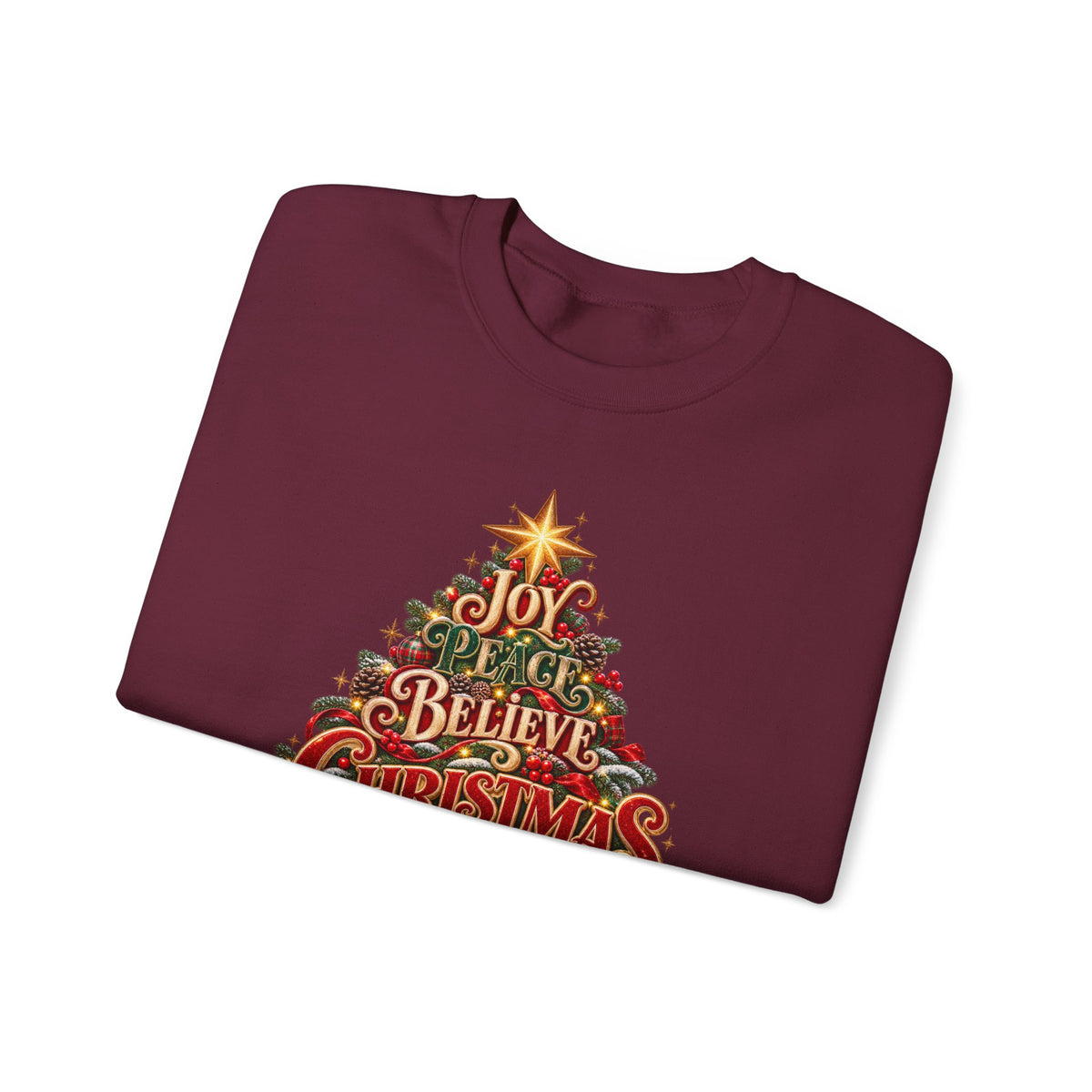 Christmas Tree Typography Sweatshirt — "Joy, Believe, Christmas, Memories" Holiday Crewneck