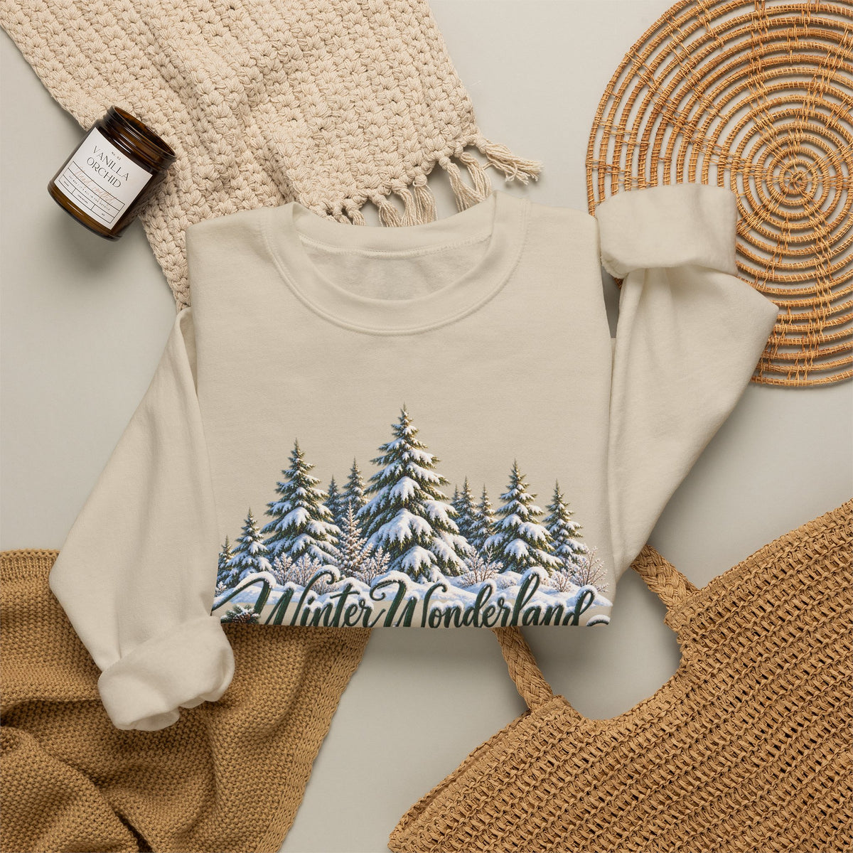 Winter Wonderland Crewneck Sweatshirt — Snowy Pine Trees Holiday Pullover
