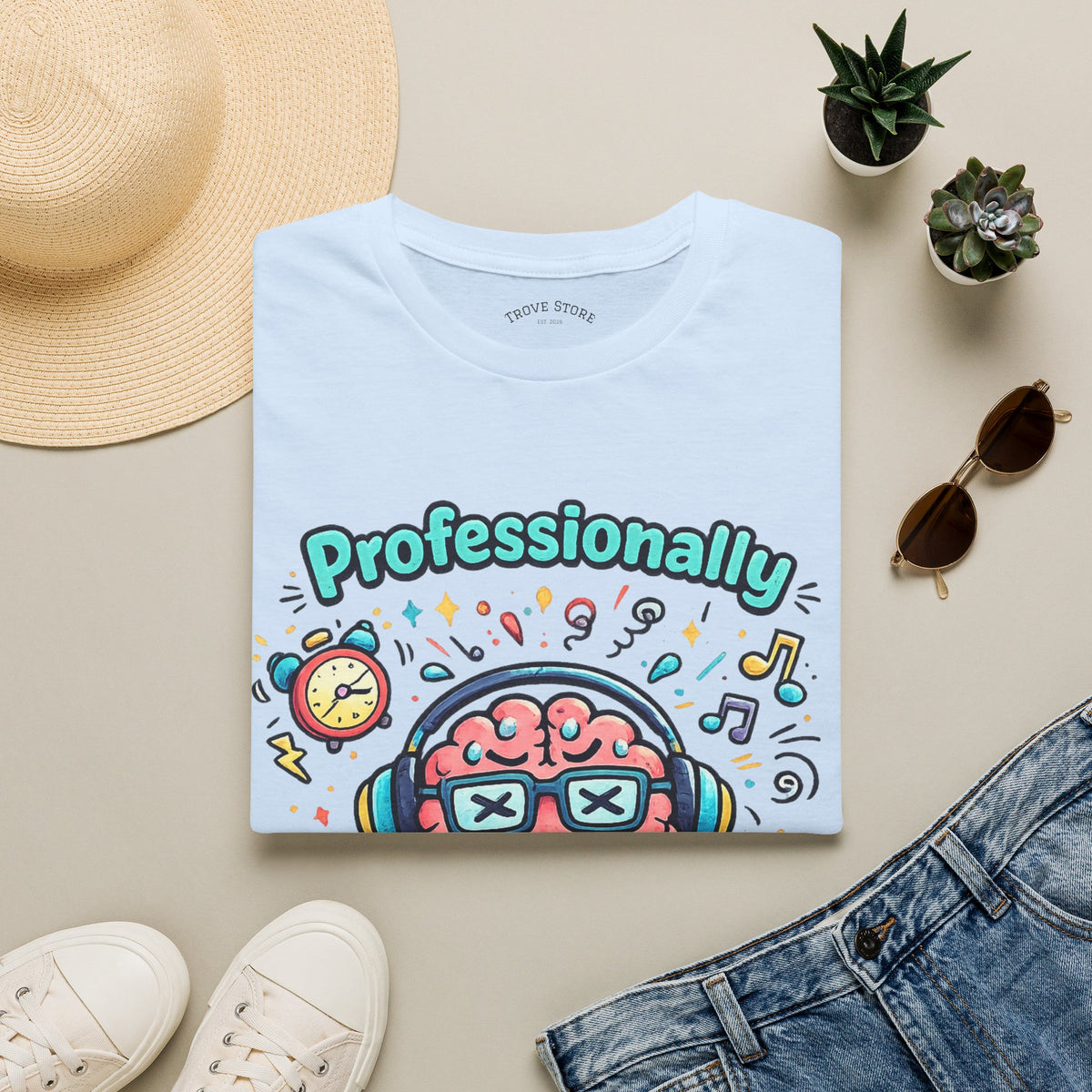 T-Shirt — 'Professionally Overstimulated' Cute Brain Graphic Tee