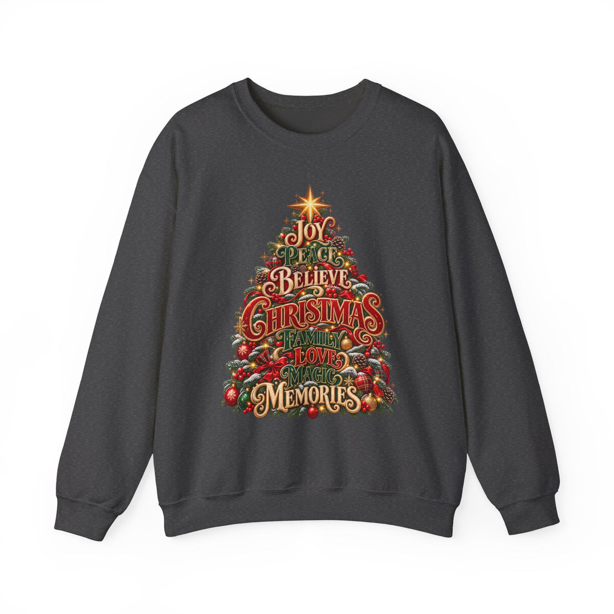 Christmas Tree Typography Sweatshirt — "Joy, Believe, Christmas, Memories" Holiday Crewneck