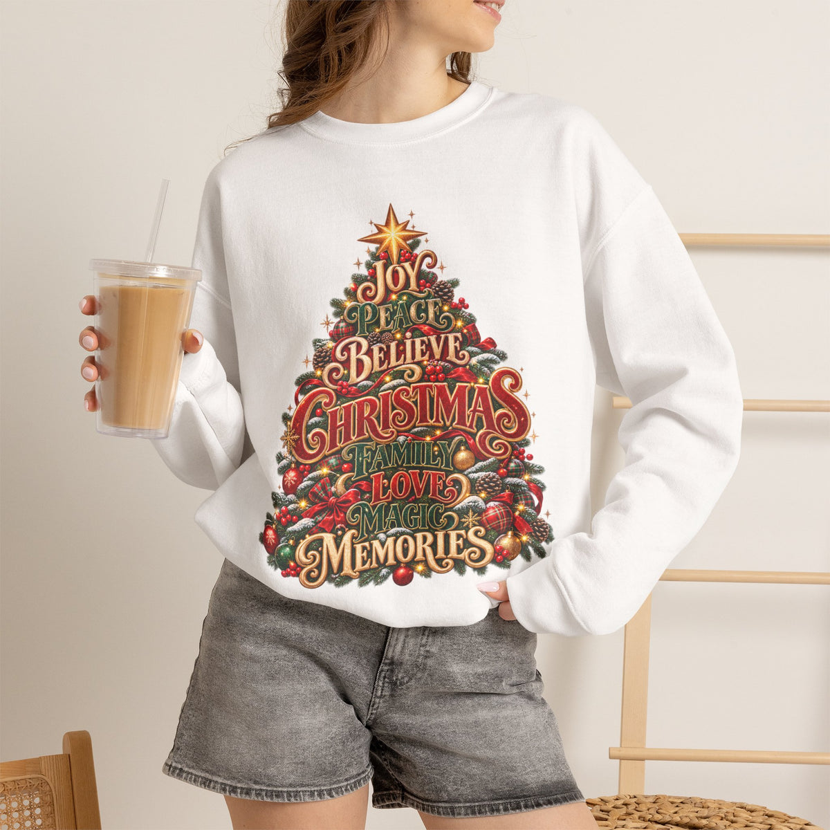 Christmas Tree Typography Sweatshirt — "Joy, Believe, Christmas, Memories" Holiday Crewneck