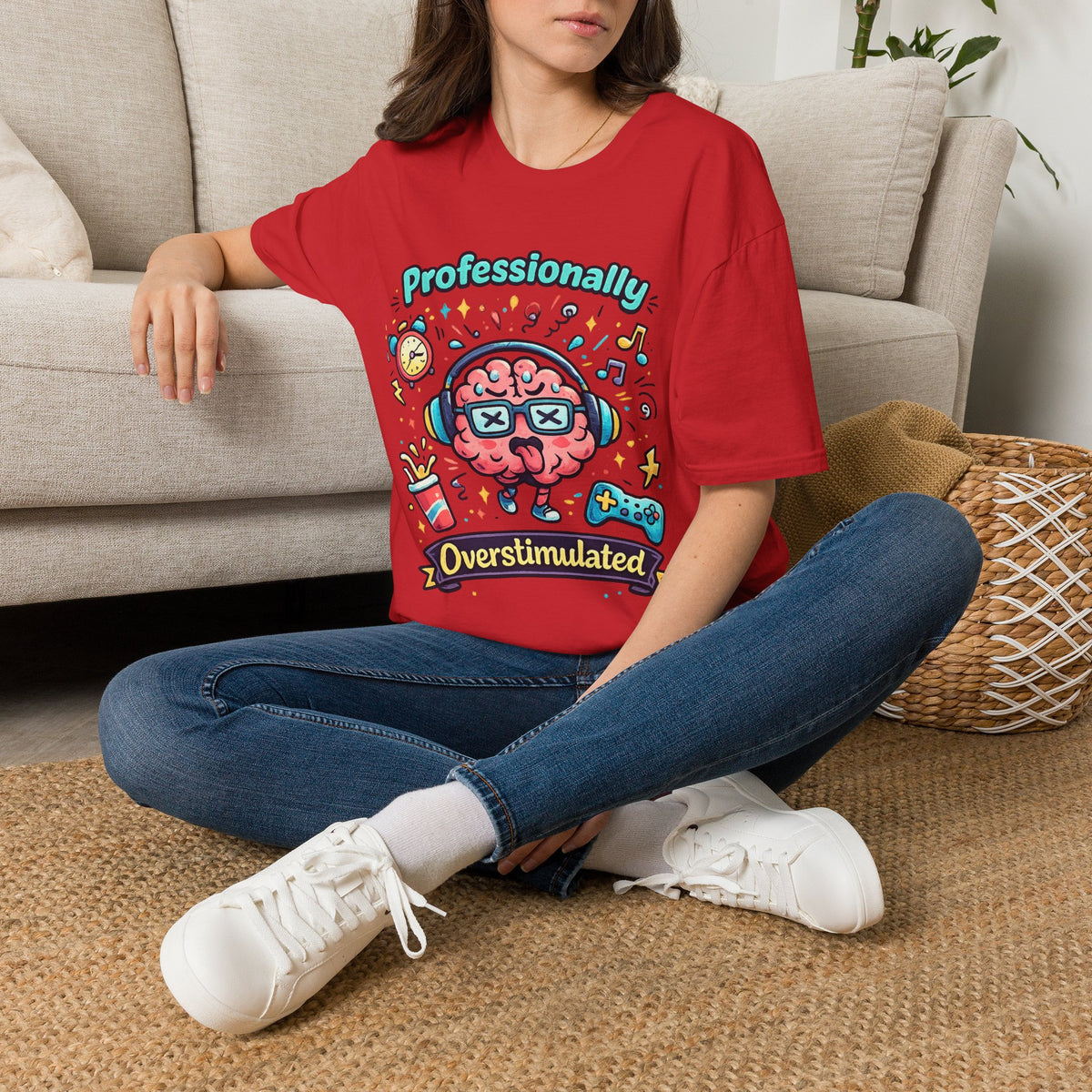 T-Shirt — 'Professionally Overstimulated' Cute Brain Graphic Tee