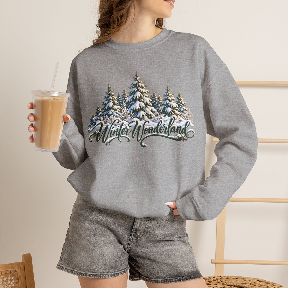 Winter Wonderland Crewneck Sweatshirt — Snowy Pine Trees Holiday Pullover
