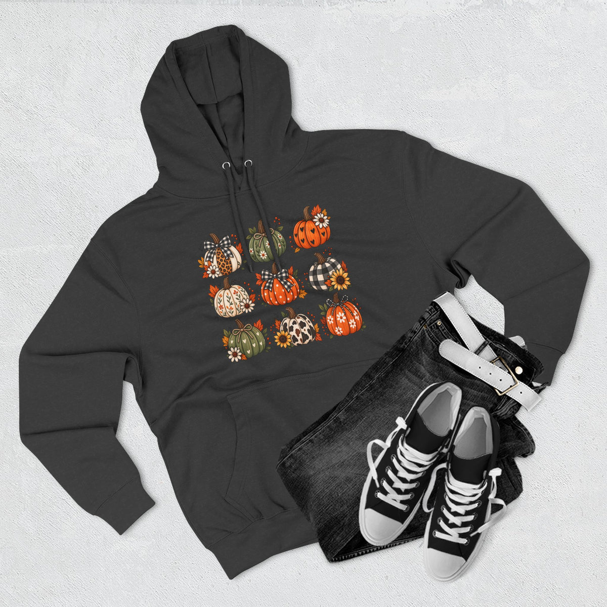 Pumpkin Patch Panel Hoodie — Fall Plaid & Floral Pumpkin Design