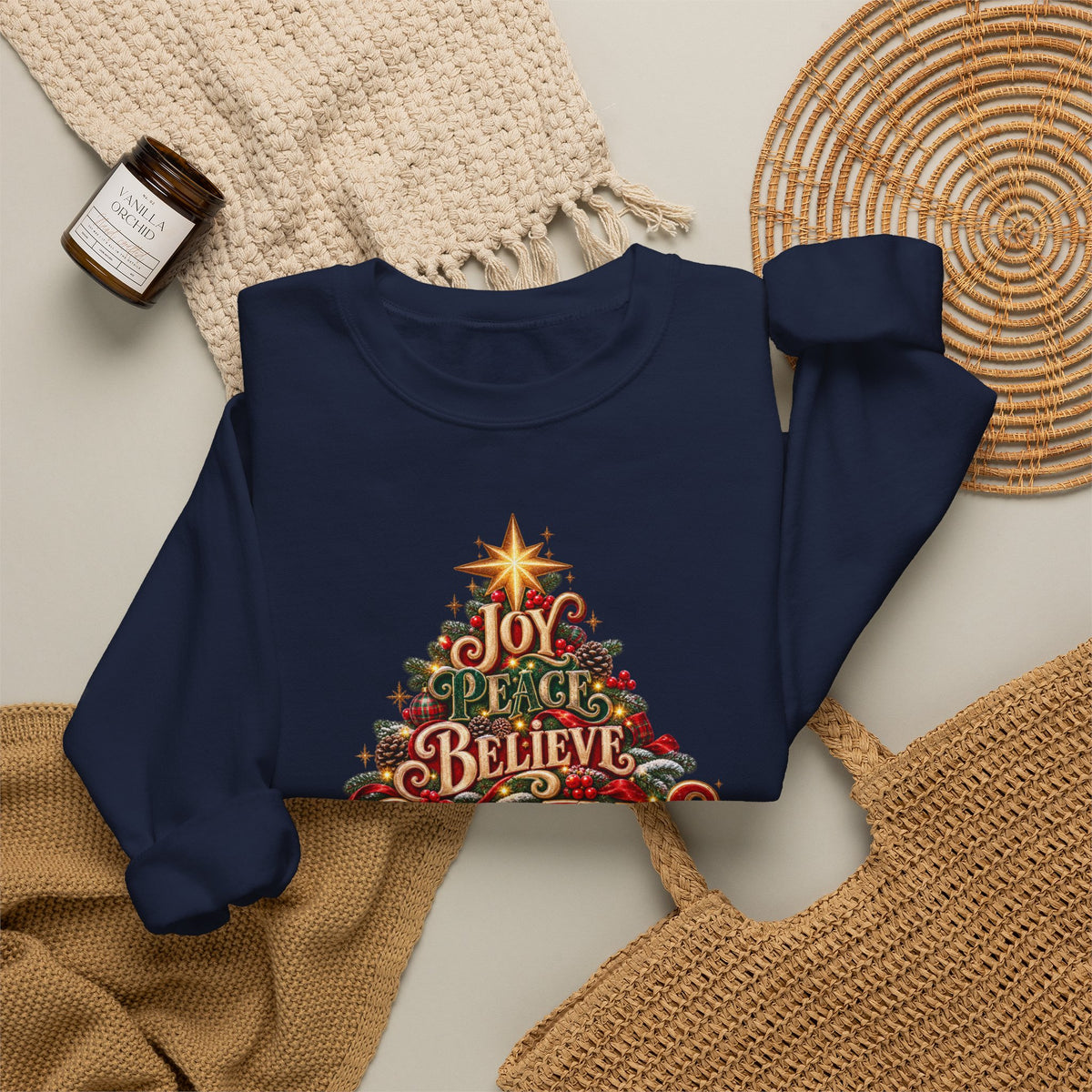Christmas Tree Typography Sweatshirt — "Joy, Believe, Christmas, Memories" Holiday Crewneck