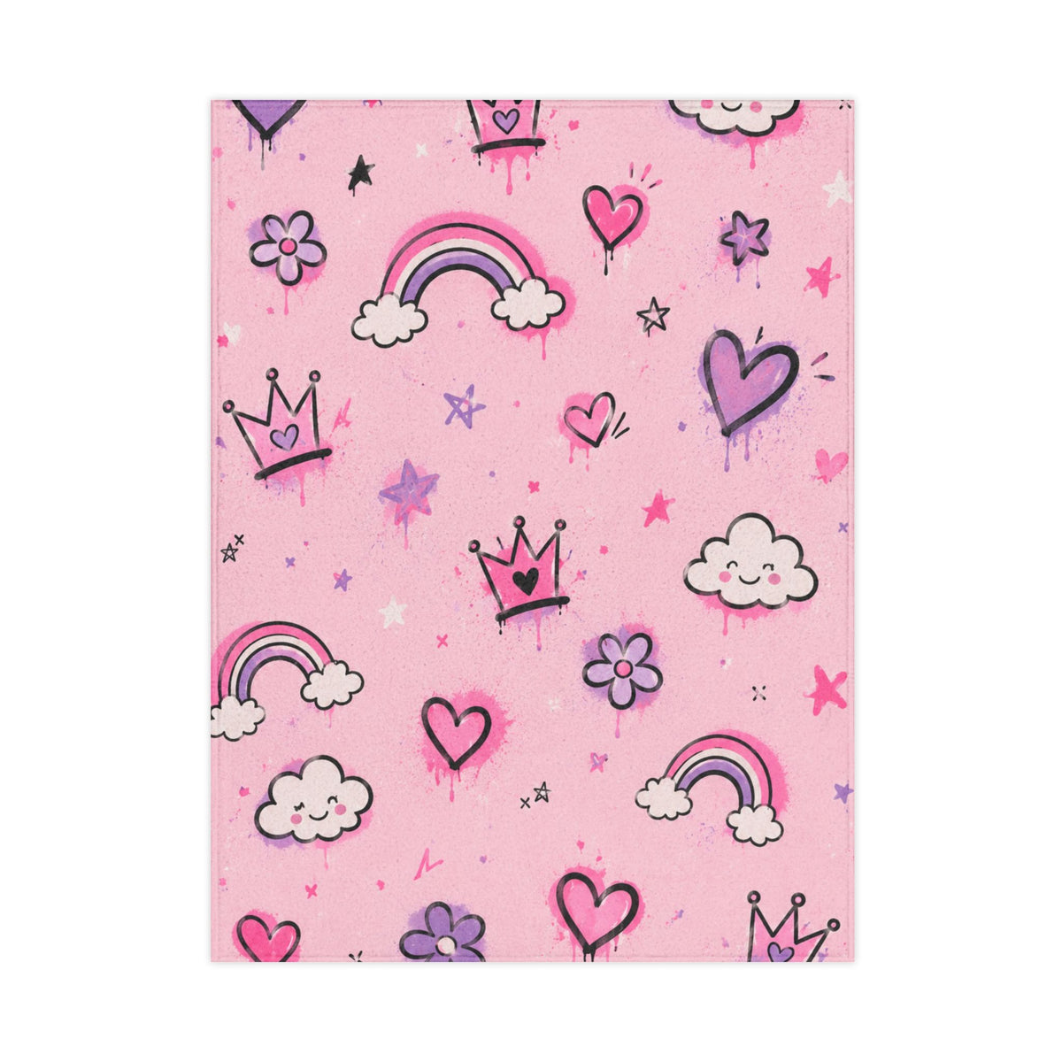 Pink Princess Rainbows Toddler Blanket — Cute Hearts, Crowns & Clouds Plush Throw