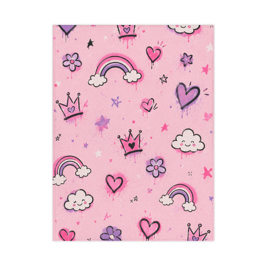 Pink Princess Rainbows Toddler Blanket — Cute Hearts, Crowns & Clouds Plush Throw