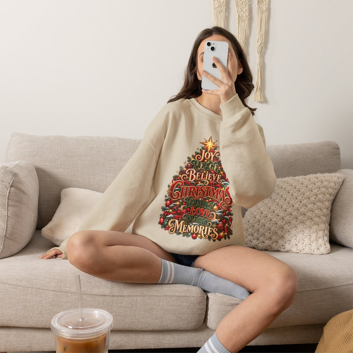 Christmas Tree Typography Sweatshirt — "Joy, Believe, Christmas, Memories" Holiday Crewneck