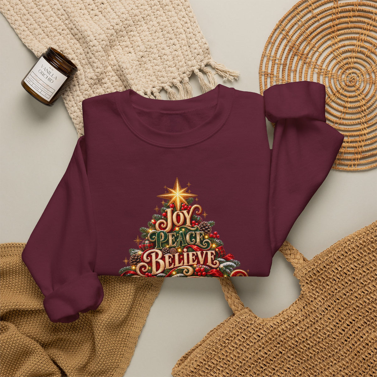 Christmas Tree Typography Sweatshirt — "Joy, Believe, Christmas, Memories" Holiday Crewneck