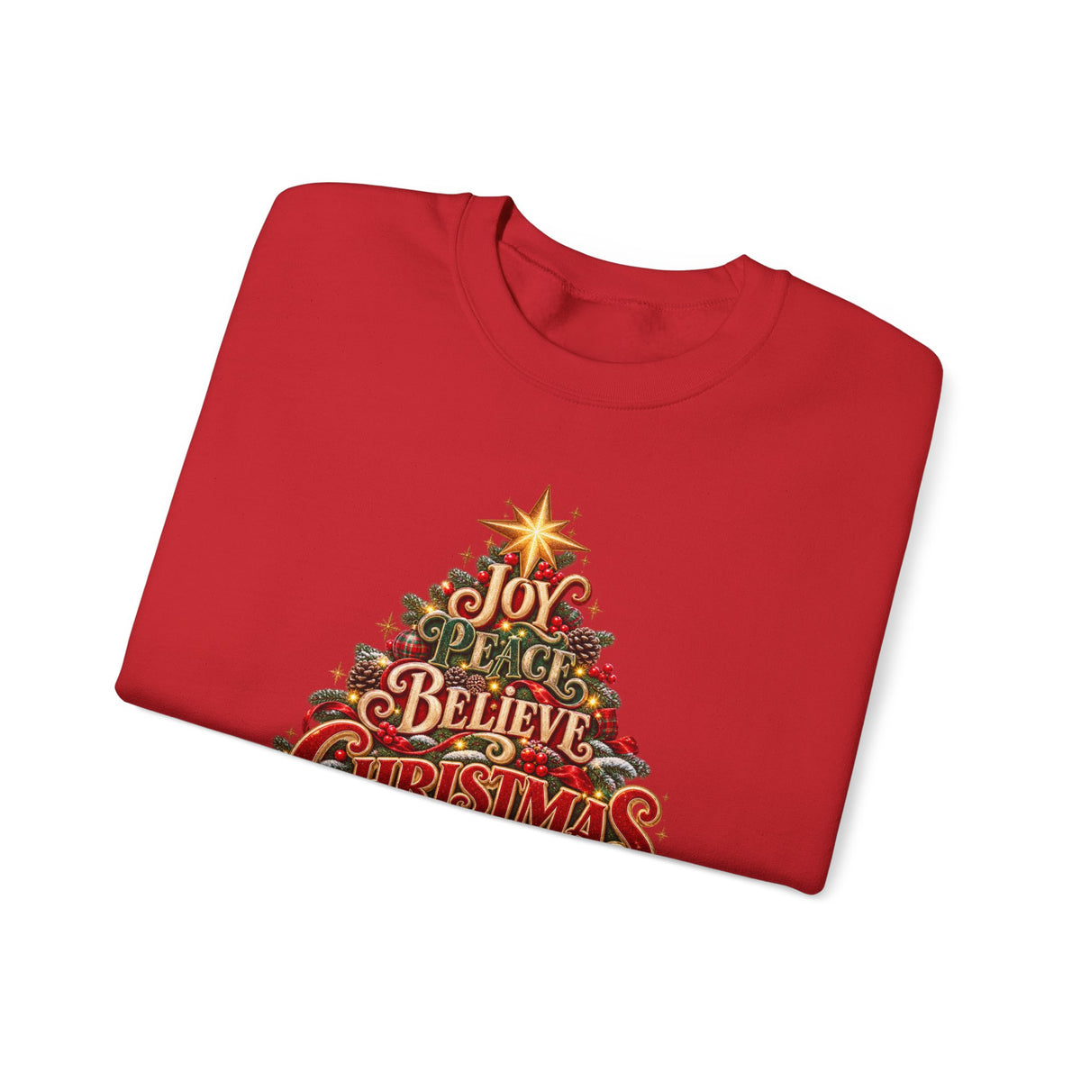 Christmas Tree Typography Sweatshirt — "Joy, Believe, Christmas, Memories" Holiday Crewneck