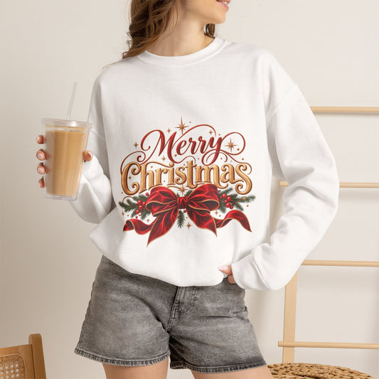 Merry Christmas Crewneck Sweatshirt — Festive Red Bow Holiday Sweatshirt