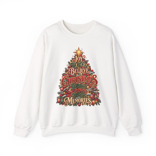 Christmas Tree Typography Sweatshirt — "Joy, Believe, Christmas, Memories" Holiday Crewneck