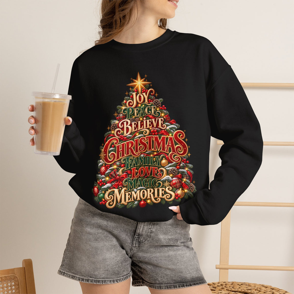 Christmas Tree Typography Sweatshirt — "Joy, Believe, Christmas, Memories" Holiday Crewneck