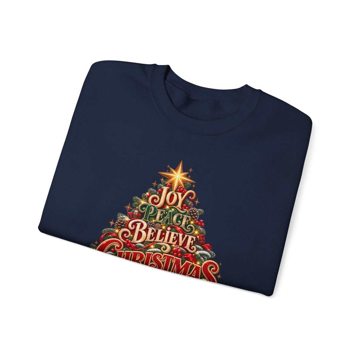 Christmas Tree Typography Sweatshirt — "Joy, Believe, Christmas, Memories" Holiday Crewneck