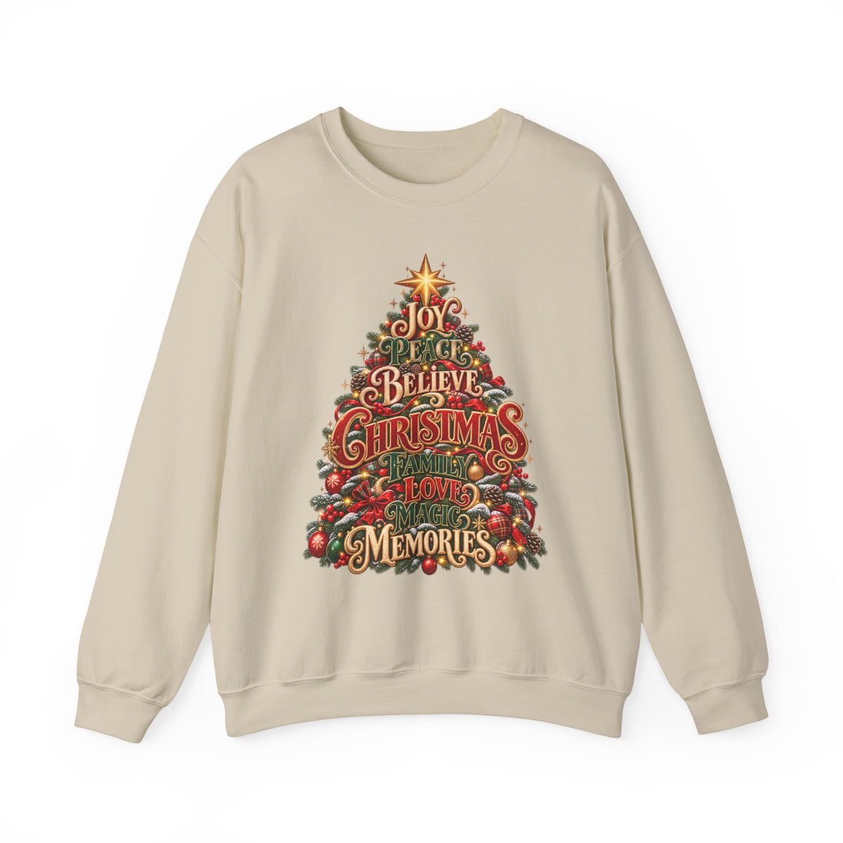 Christmas Tree Typography Sweatshirt — "Joy, Believe, Christmas, Memories" Holiday Crewneck