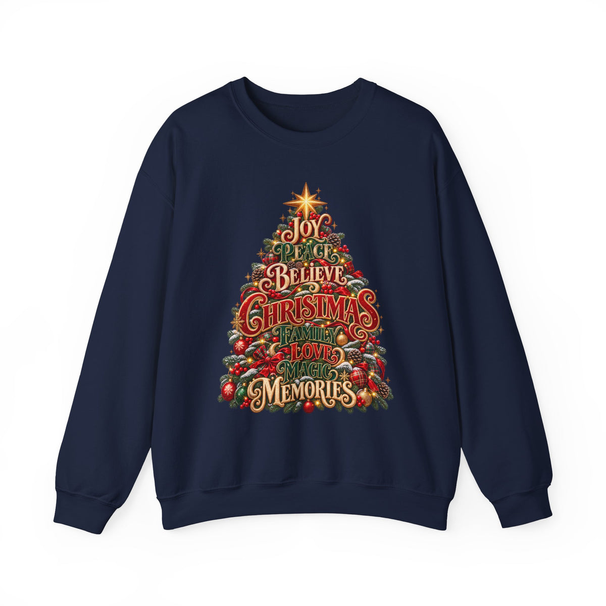 Christmas Tree Typography Sweatshirt — "Joy, Believe, Christmas, Memories" Holiday Crewneck