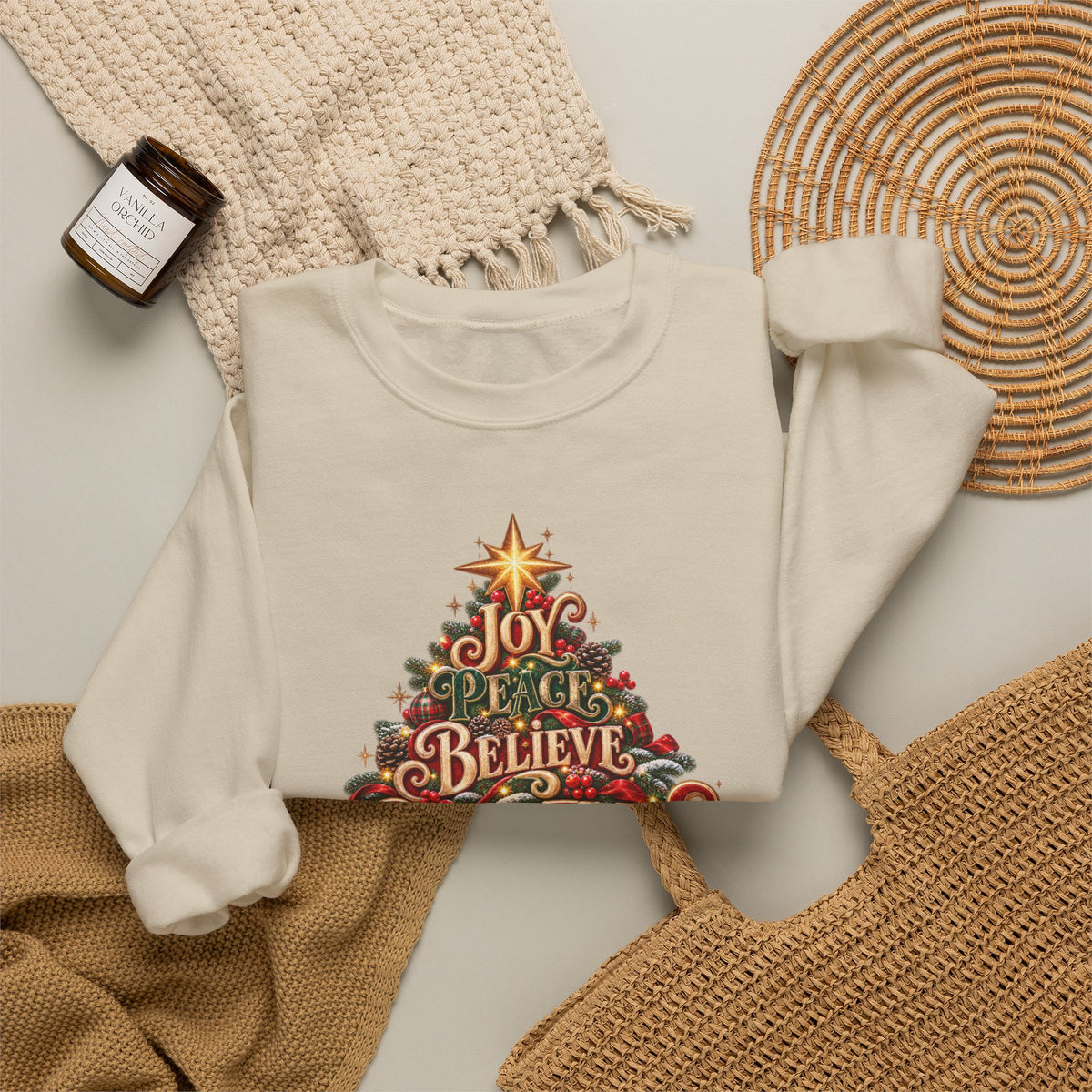 Christmas Tree Typography Sweatshirt — "Joy, Believe, Christmas, Memories" Holiday Crewneck
