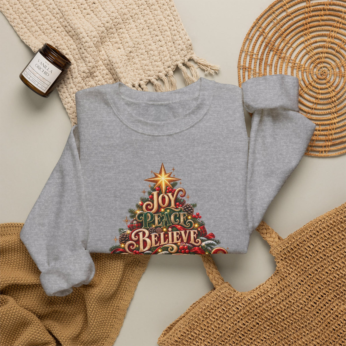 Christmas Tree Typography Sweatshirt — "Joy, Believe, Christmas, Memories" Holiday Crewneck