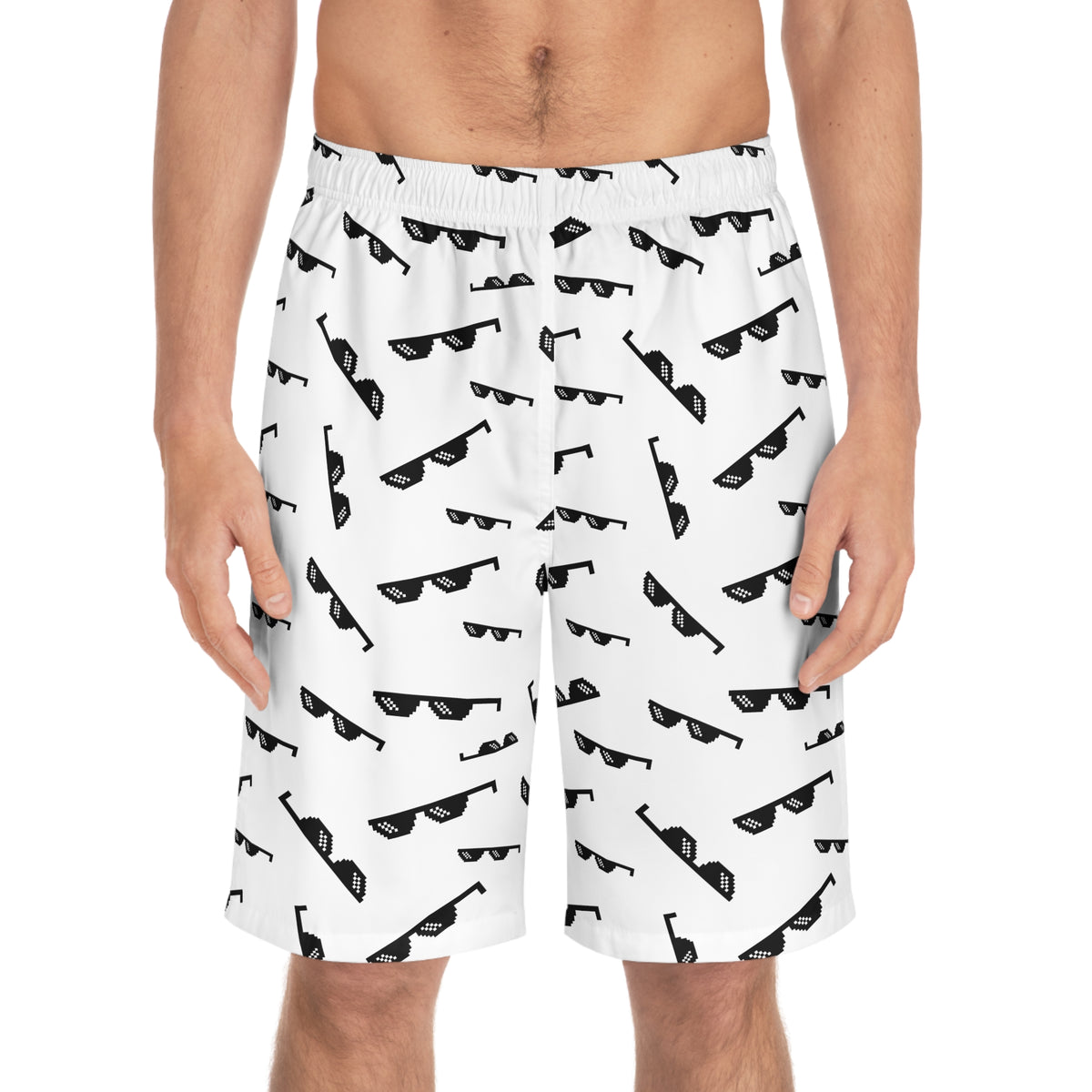 Sunglasses Print Board Shorts — Black & White All-Over Swim Trunks