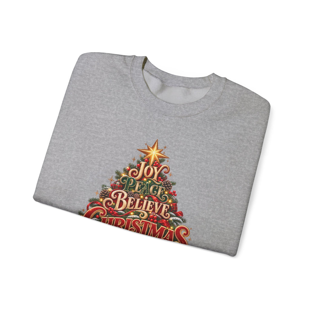 Christmas Tree Typography Sweatshirt — "Joy, Believe, Christmas, Memories" Holiday Crewneck