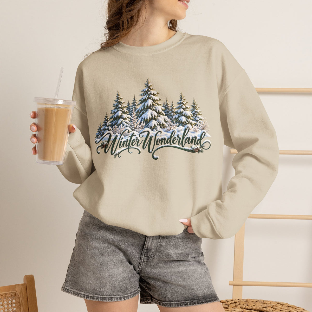 Winter Wonderland Crewneck Sweatshirt — Snowy Pine Trees Holiday Pullover