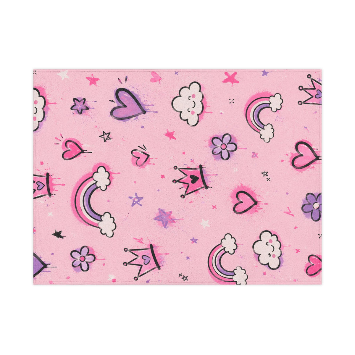 Pink Princess Rainbows Toddler Blanket — Cute Hearts, Crowns & Clouds Plush Throw